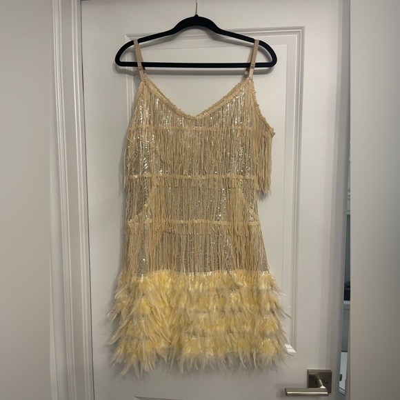 Lilliana Champagne Feather Tassel Sequin Mini Dress - Picture 3 of 6